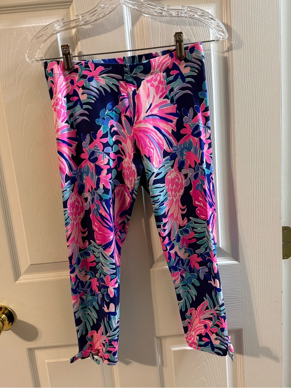 Lilly Pulitzer Girls XL 12-14 Leggings Navy Pink Tropical Floral Ankle Ties